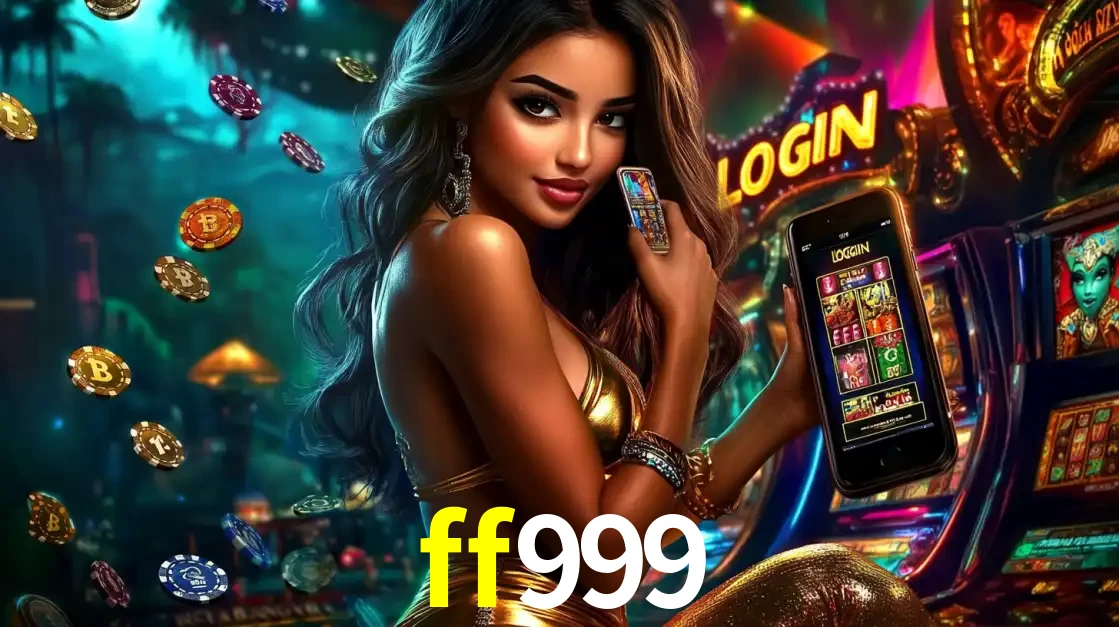 Mulher em um cenário de cassino temático de aventura, mostrando o app de caça-níqueis da ff999 no celular. Fichas de apostas flutuam ao redor.