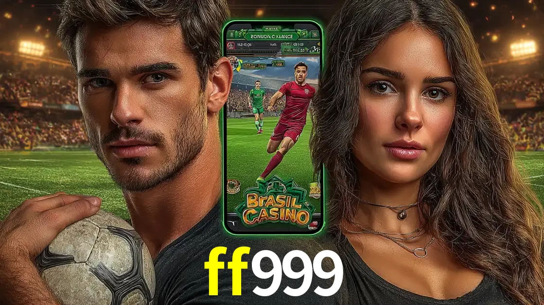 Homem segurando uma bola de futebol e uma mulher ao lado de um smartphone exibindo o jogo de apostas esportivas da ff999. Faça seu palpite no cassino online.